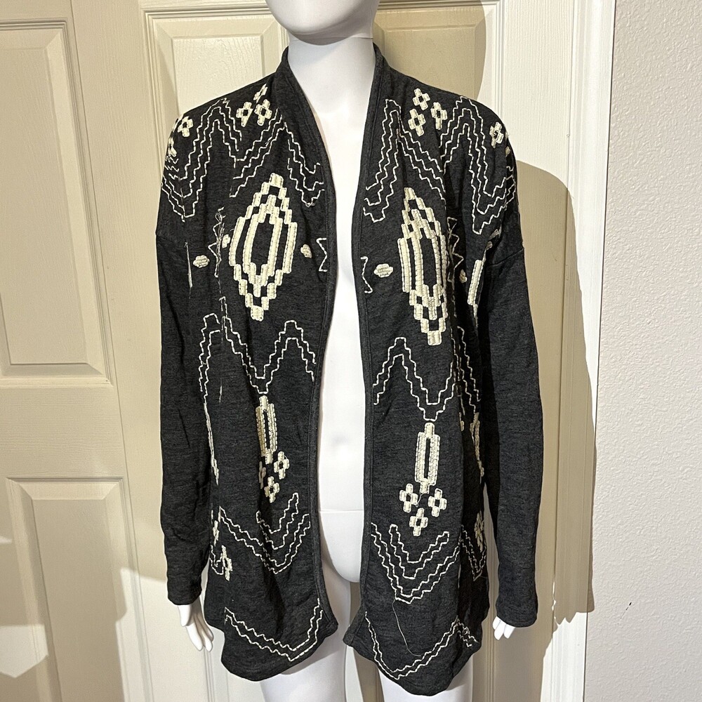 Lucky Lotus by Lucky Brand Womens Open Cardigan Small Geometric Knit Embroidered